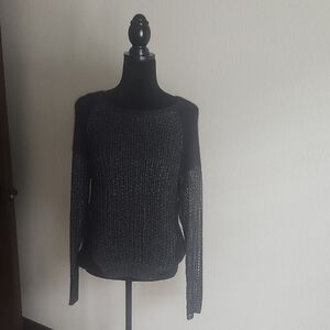 Women's Black Open-Weave Crewneck Sweater